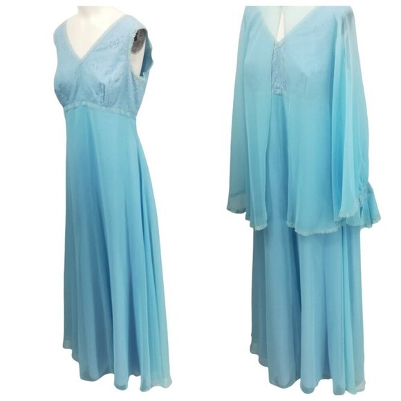 Vintage Bernie Bee Sport 70s Blue Lace Formal Party Dress Set Cape Size 14 M - Picture 2 of 16